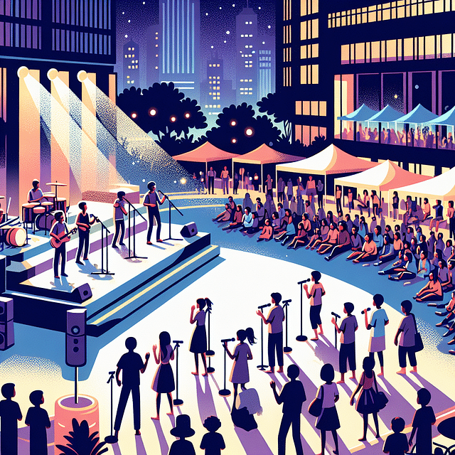 Live outdoor performance at Disney Springs, nighttime crowd