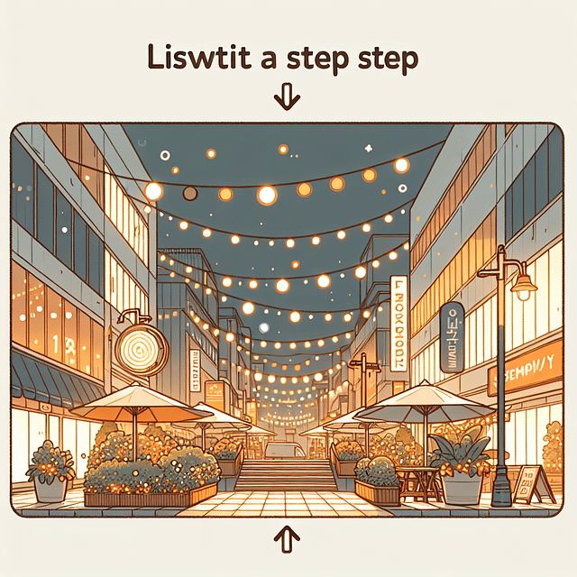 Disney Springs entrance at dusk, twinkling lights