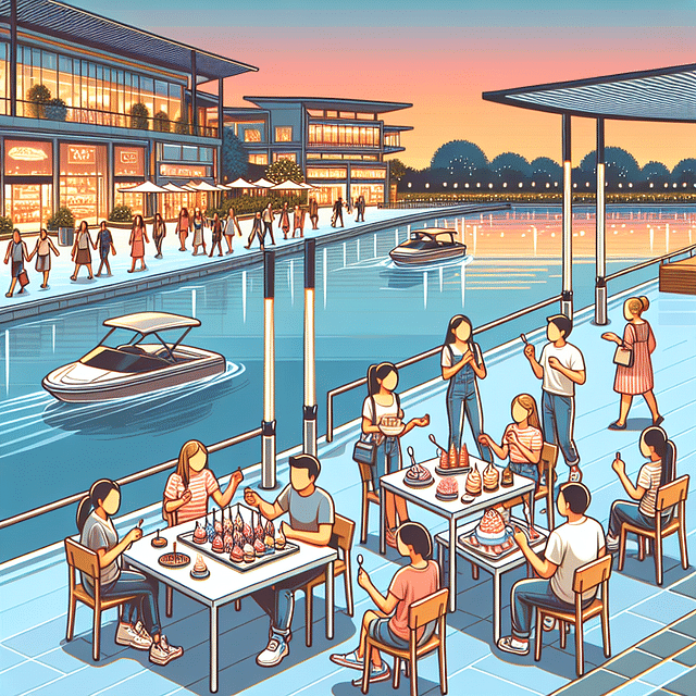 Guests enjoying desserts at Disney Springs, night scene by the water