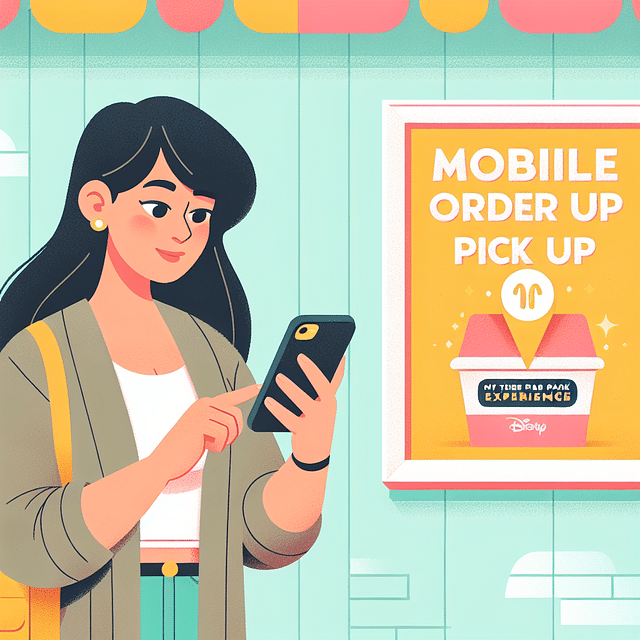 guest using My Disney Experience app at a restaurant with Mobile Order Pick Up sign