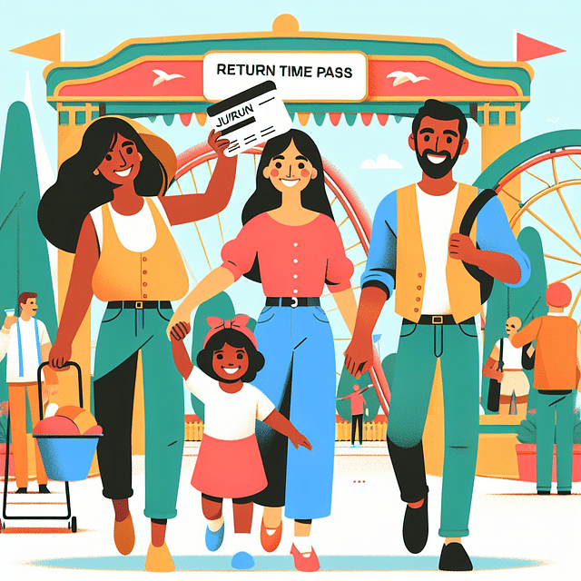 Happy family entering an attraction with a DAS return time