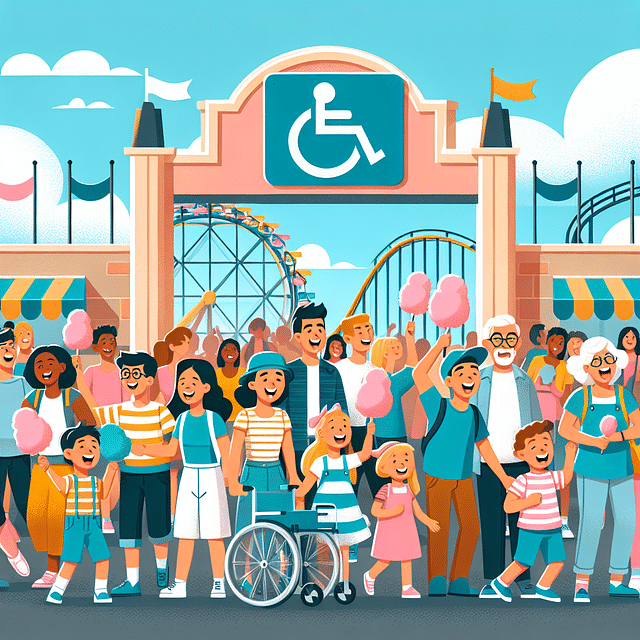 Theme park entrance with a disability access sign