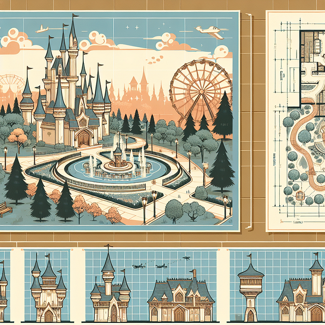 Blueprints and renderings of a Disney themed area