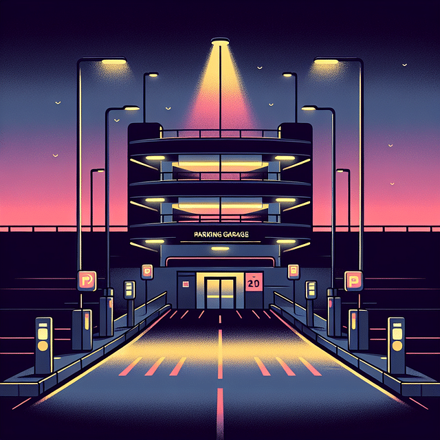 Disney Springs parking garage entrance at dusk