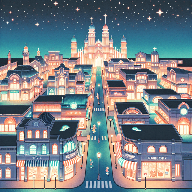 Nighttime shopping at Disney Springs with glowing storefronts