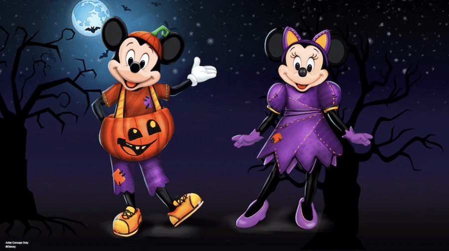 Mickey Mouse dressed in Halloween costume at Disney World