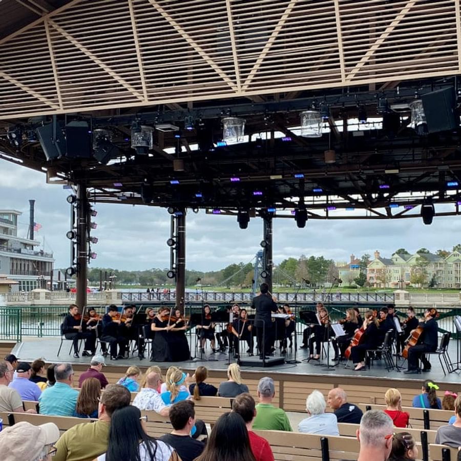 Live band performing on stage at Disney Springs