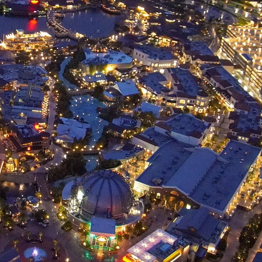 Aerial view of Disney Springs, a vibrant outdoor shopping, dining, and entertainment complex at Walt Disney World Resort