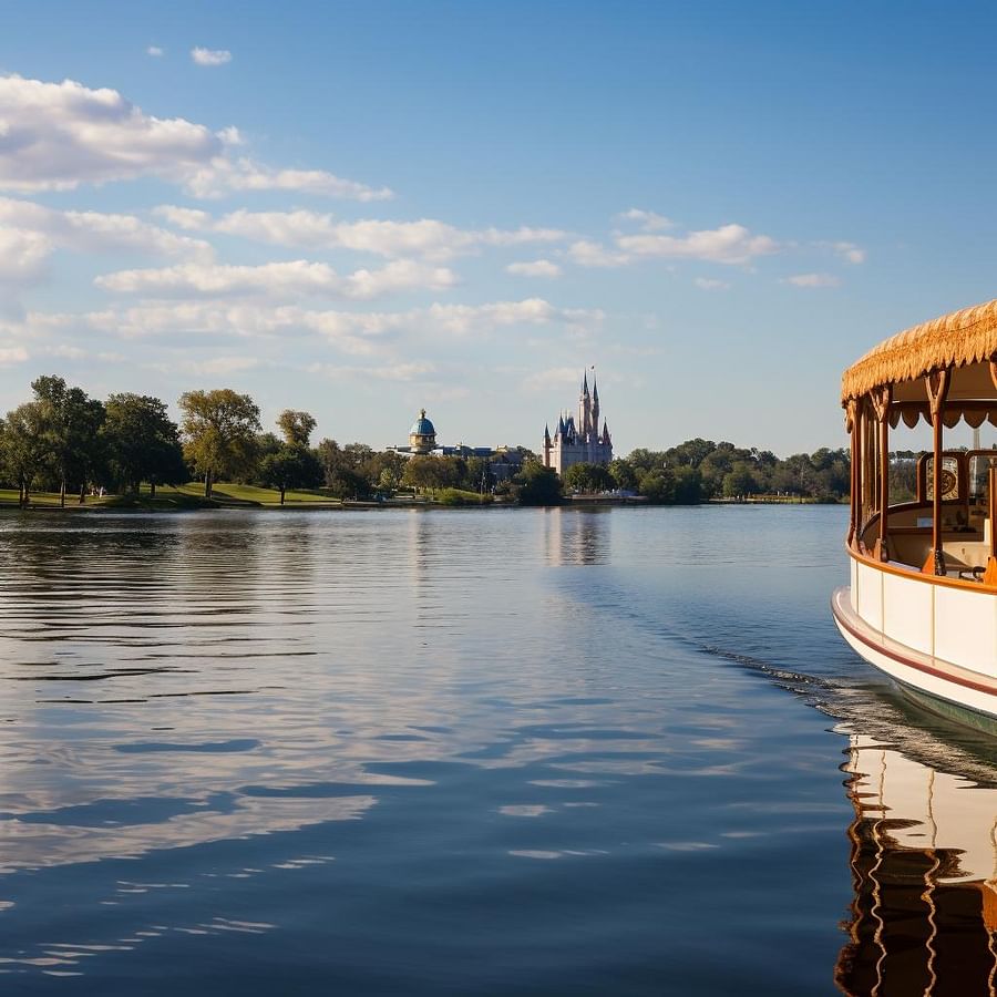 Water taxi sailing on Seven Seas Lagoon with Magic Kingdom in the distance