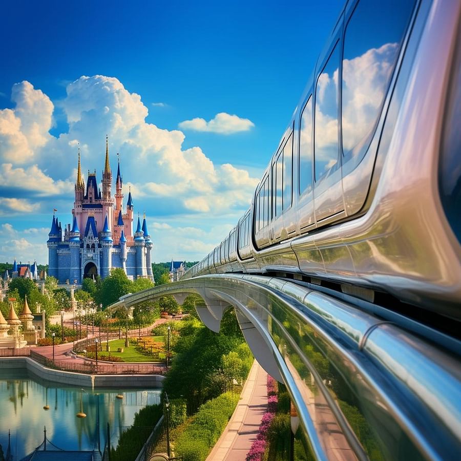 Disney Monorail gliding above the park with a view of the Magic Kingdom