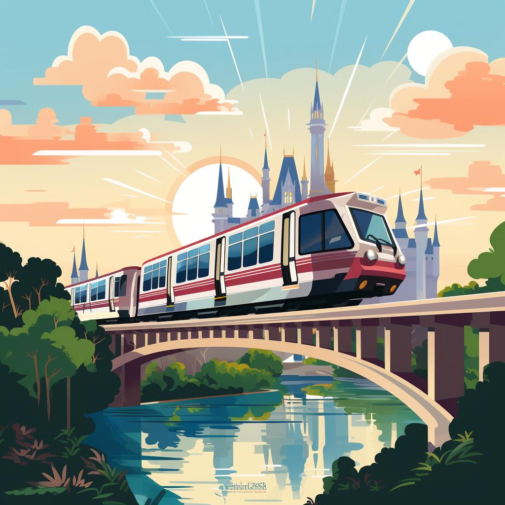 A monorail train with Disney World in the background.